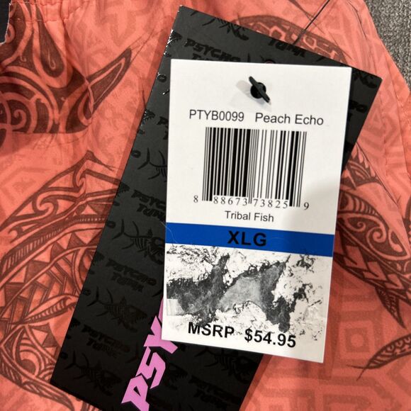 Psycho Tuna Men's XL Swim Trunks Shorts Tribal Fish Print Peach Echo - Picture 12 of 12